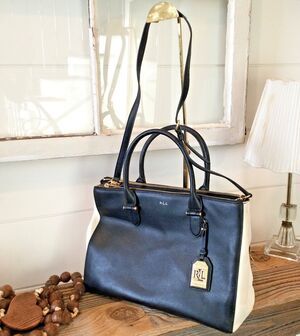 Ralph Lauren Purse Newbury Large Black White Leather Two Zip Tote Bag Shoulder